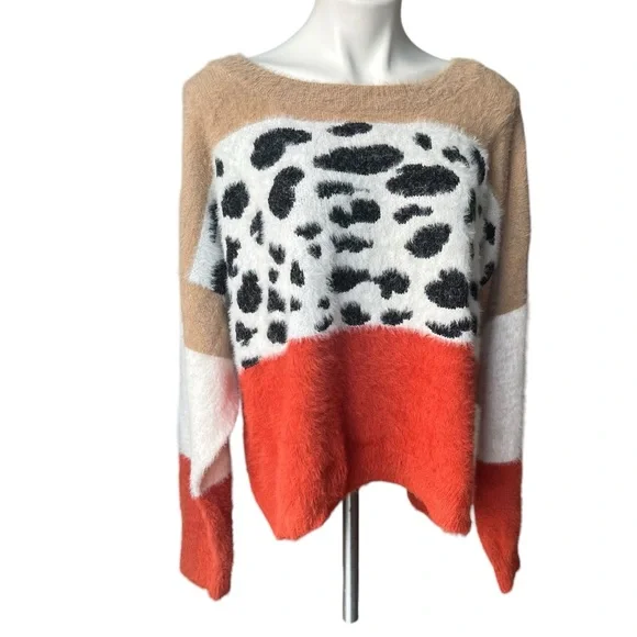 COCOBLEU Colorblock Leopard Print Fuzzy Crewneck Sweater, Sz 1X - Picture 2 of 14